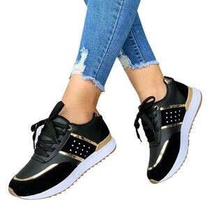 Brand New Women’s Thick Sole Lace-Up Casual Sneakers Black, US Size 7.5 / EU 38